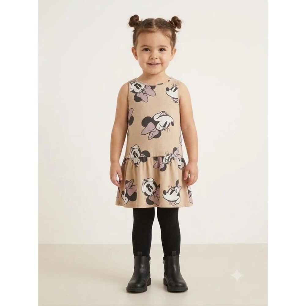 H&M Disney Minnie Mouse Tan Neutral Aesthetic Drop Waist Jersey Dress 3T 4T
